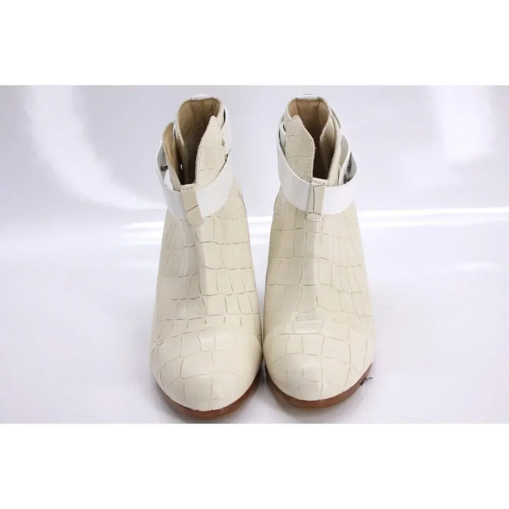 Rag & Bone Ivory Leather Harrow Ankle Booties SZ 39.5 Belted Block Heel New $550